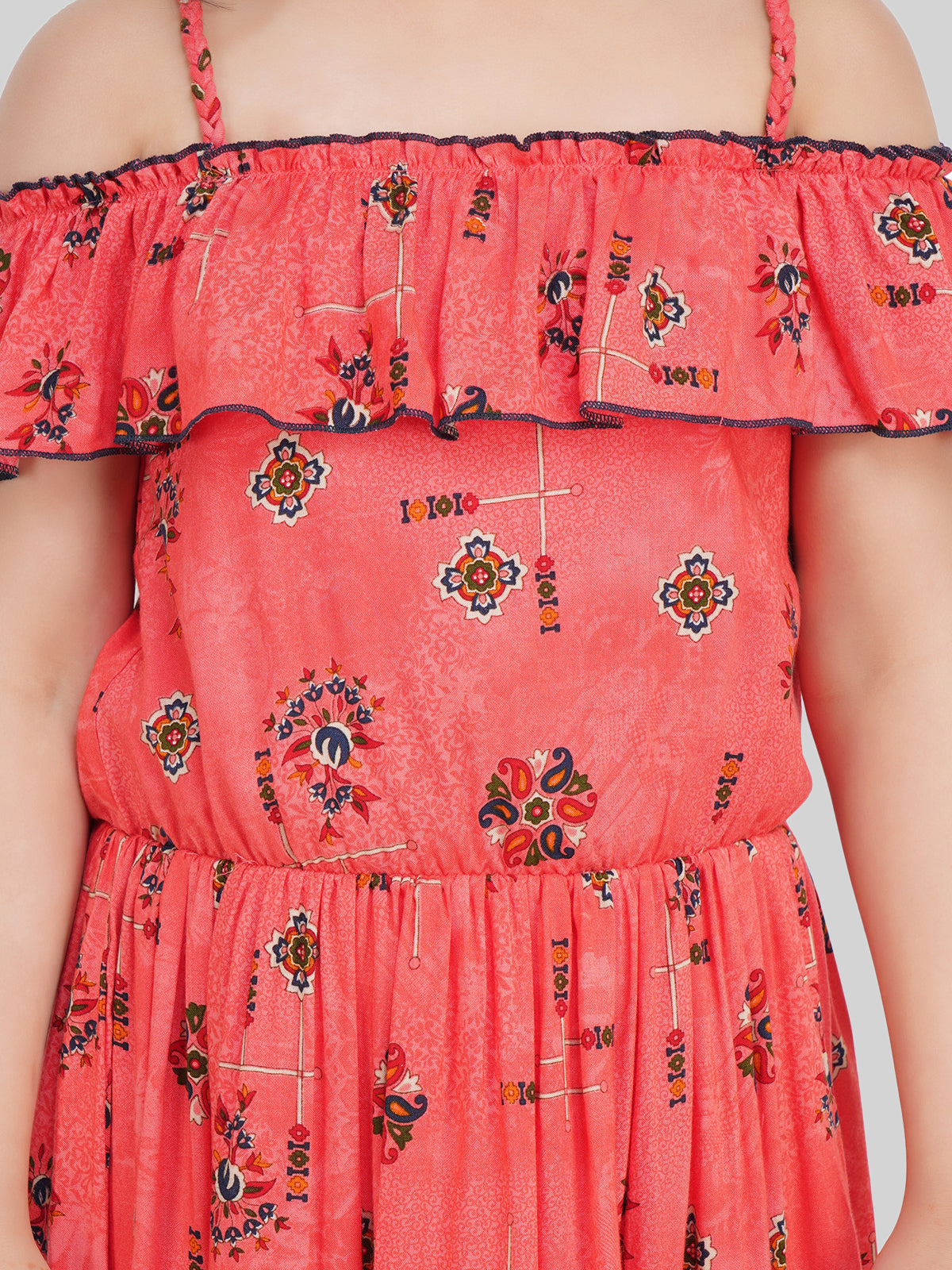 Girls Floral Printed Off-Shoulder Fit & Flare Dress