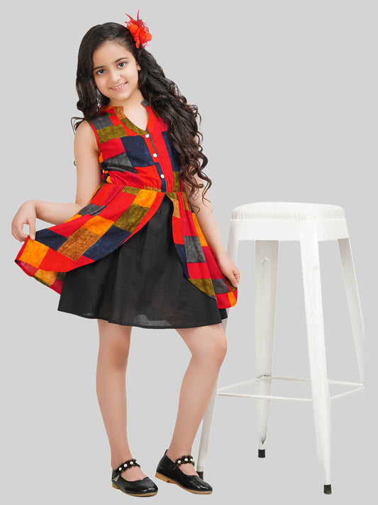 Girls Colourblocked Printed Fit & Flare Dress