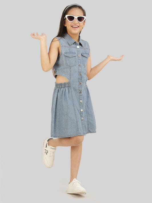 Girls Denim Shirt Collar Cut-Out Pocket-Detailing Shirt Dress
