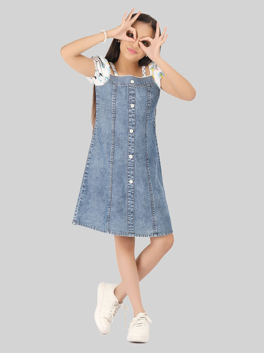 Denim Cotton Puff Sleeve A-Line Girls Dress