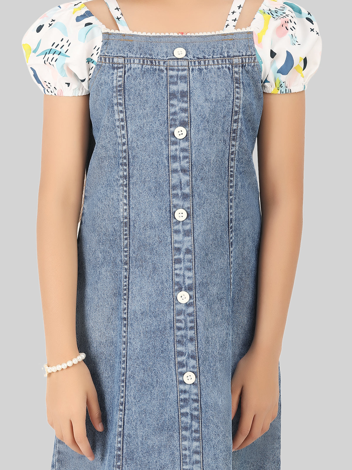 Girls Denim Cotton Puff Sleeve A-Line Dress