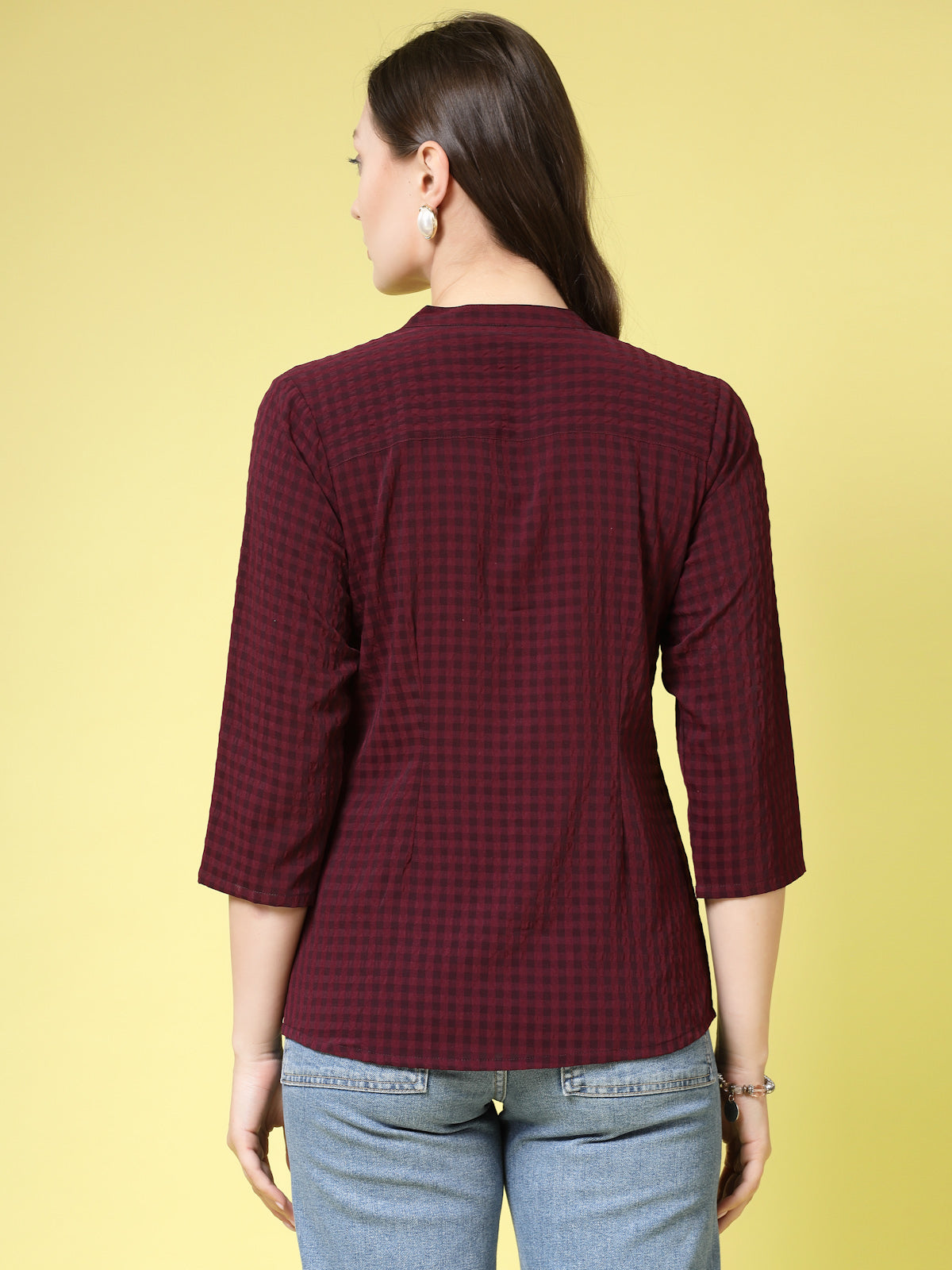Women’s Comfort Mandarin Collar Micro Checked Casual Shirt