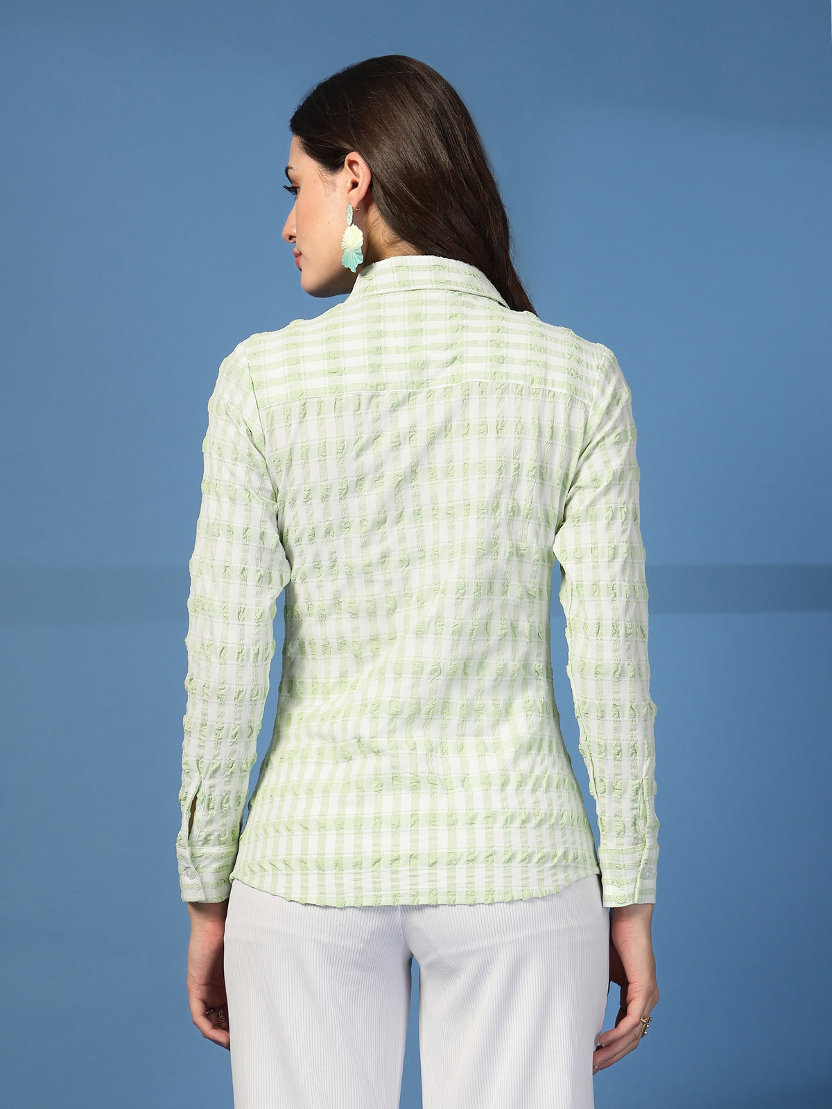 Women’s Checked Spread Collar Comfort Relaxed Fit Seersucker Shirt