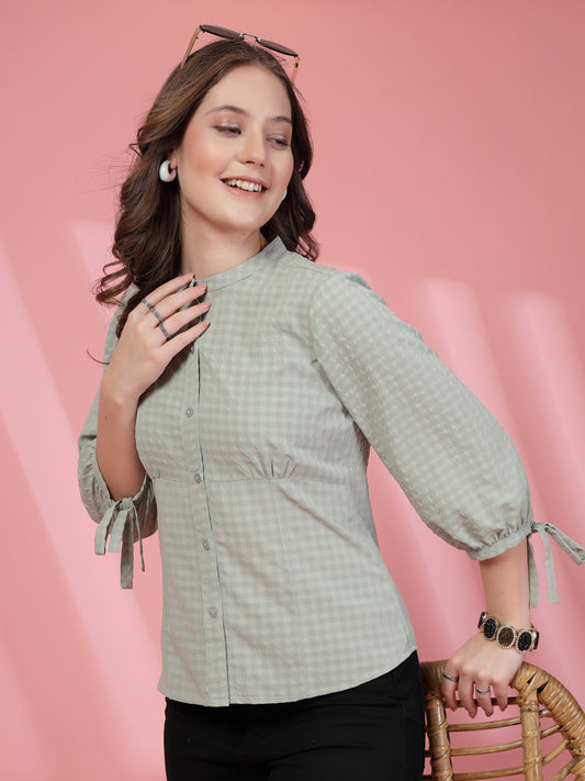 Women’s Comfort Checked Tie-Ups Mandarin Collar Relaxed Fit Regular Shirt