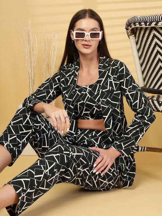 Women’s Geometric Printed Comfort-Fit Pure Cotton Top & Trousers With Shrug