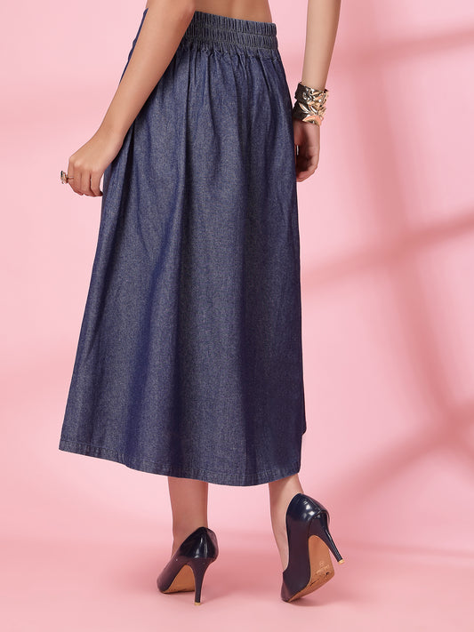 Women’s Denim Blend Front Slit Midi A-Line Skirt