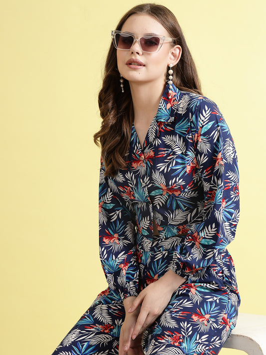 Women’s Floral Printed Lapel Collar Top