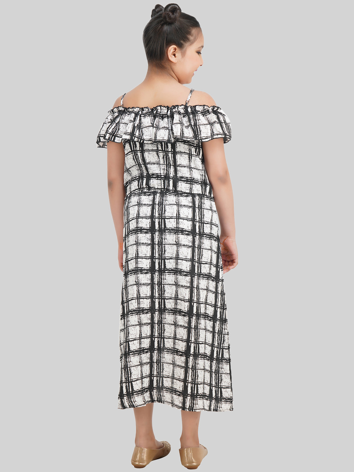 Girls Checked Off-Shoulder Crepe Fit & Flare Midi Dress