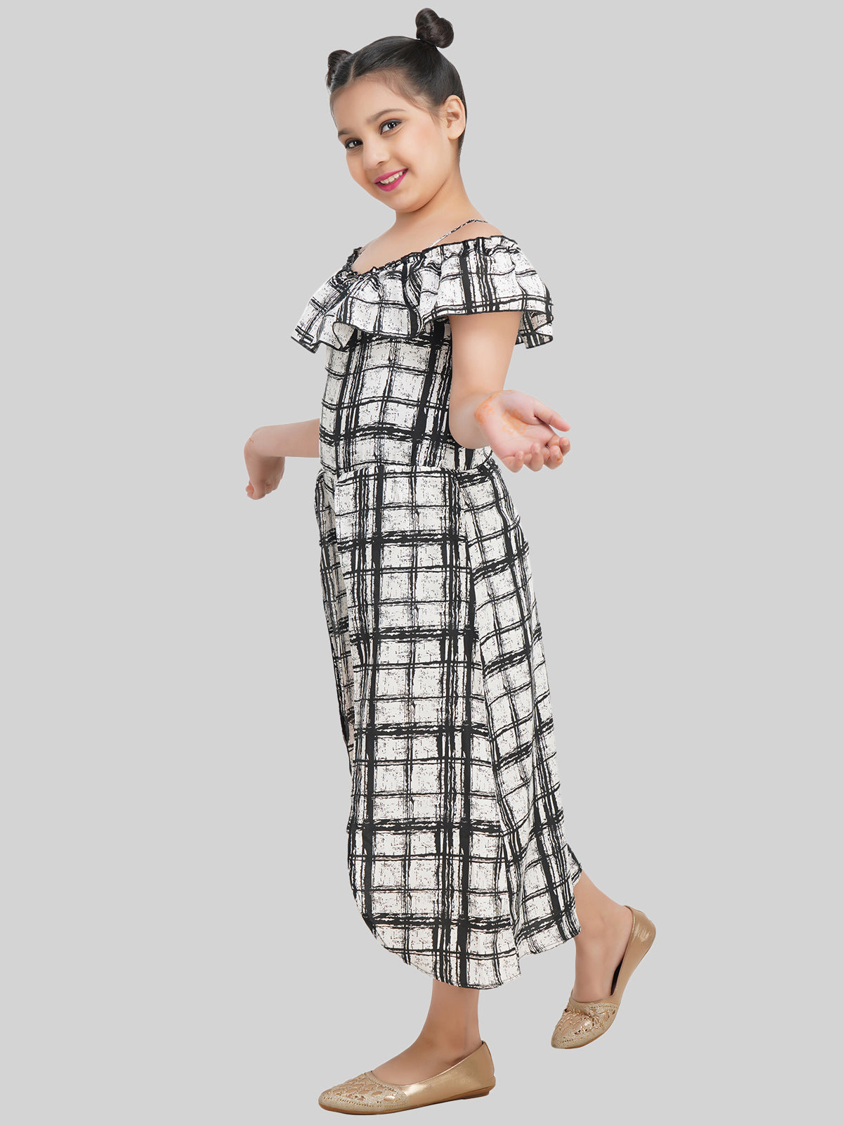 Girls Checked Off-Shoulder Crepe Fit & Flare Midi Dress