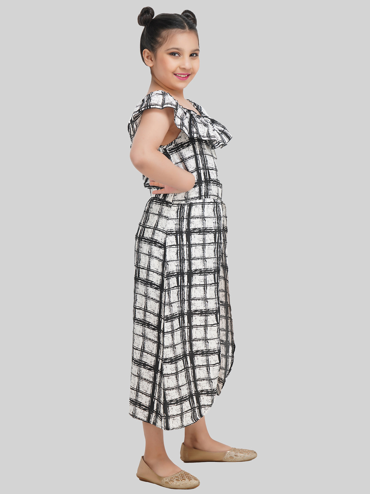 Girls Checked Off-Shoulder Crepe Fit & Flare Midi Dress