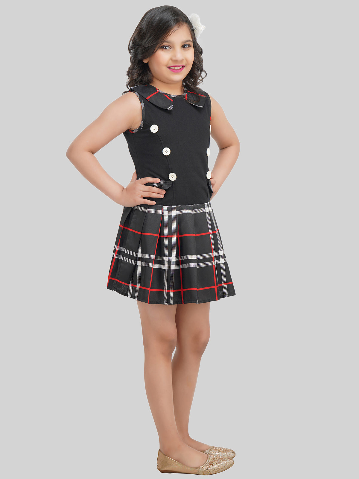 Girls Checked Crepe Fit & Flare Dress