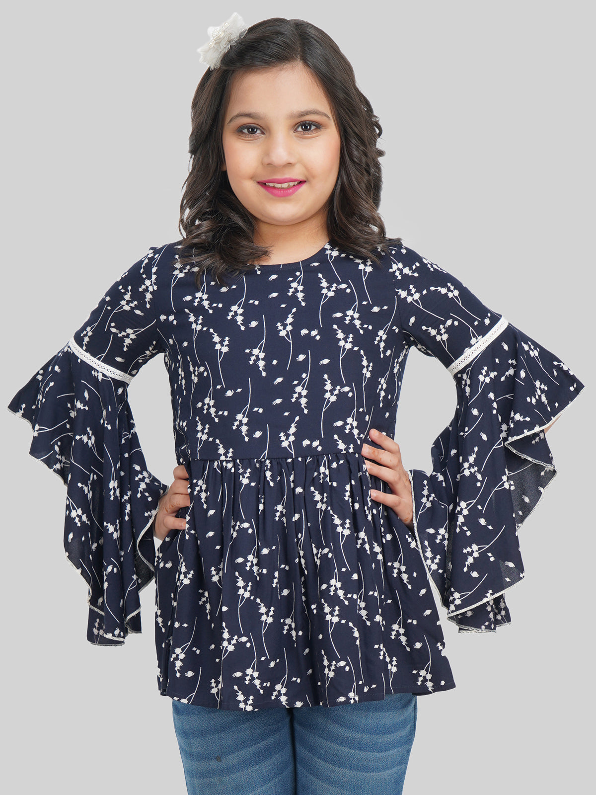 Being Naughty Girls Floral Printed Bell Sleeve Blouson Top
