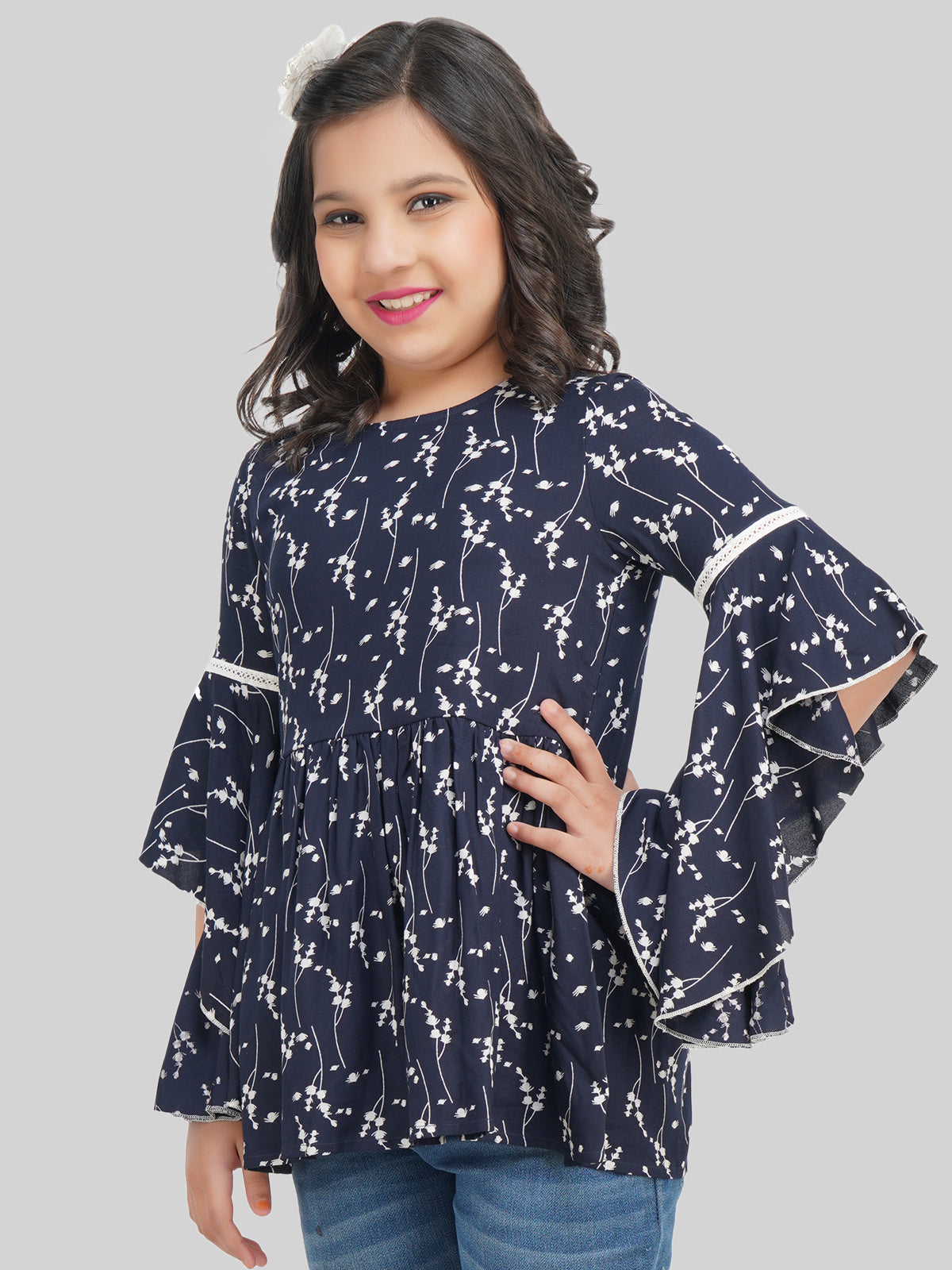 Being Naughty Girls Floral Printed Bell Sleeve Blouson Top