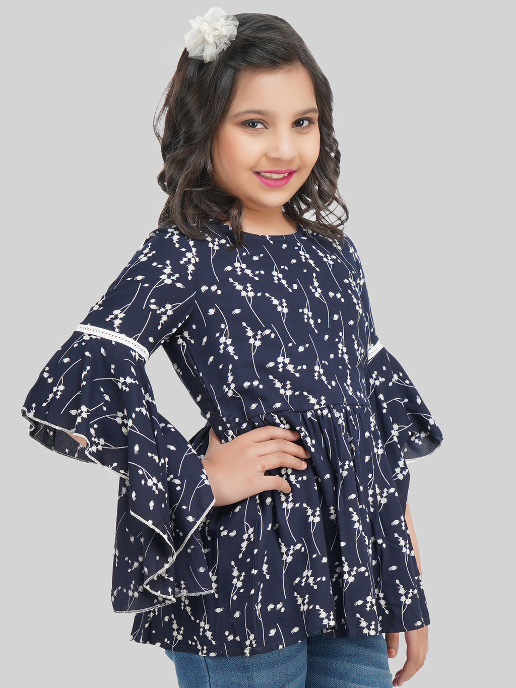 Being Naughty Girls Floral Printed Bell Sleeve Blouson Top