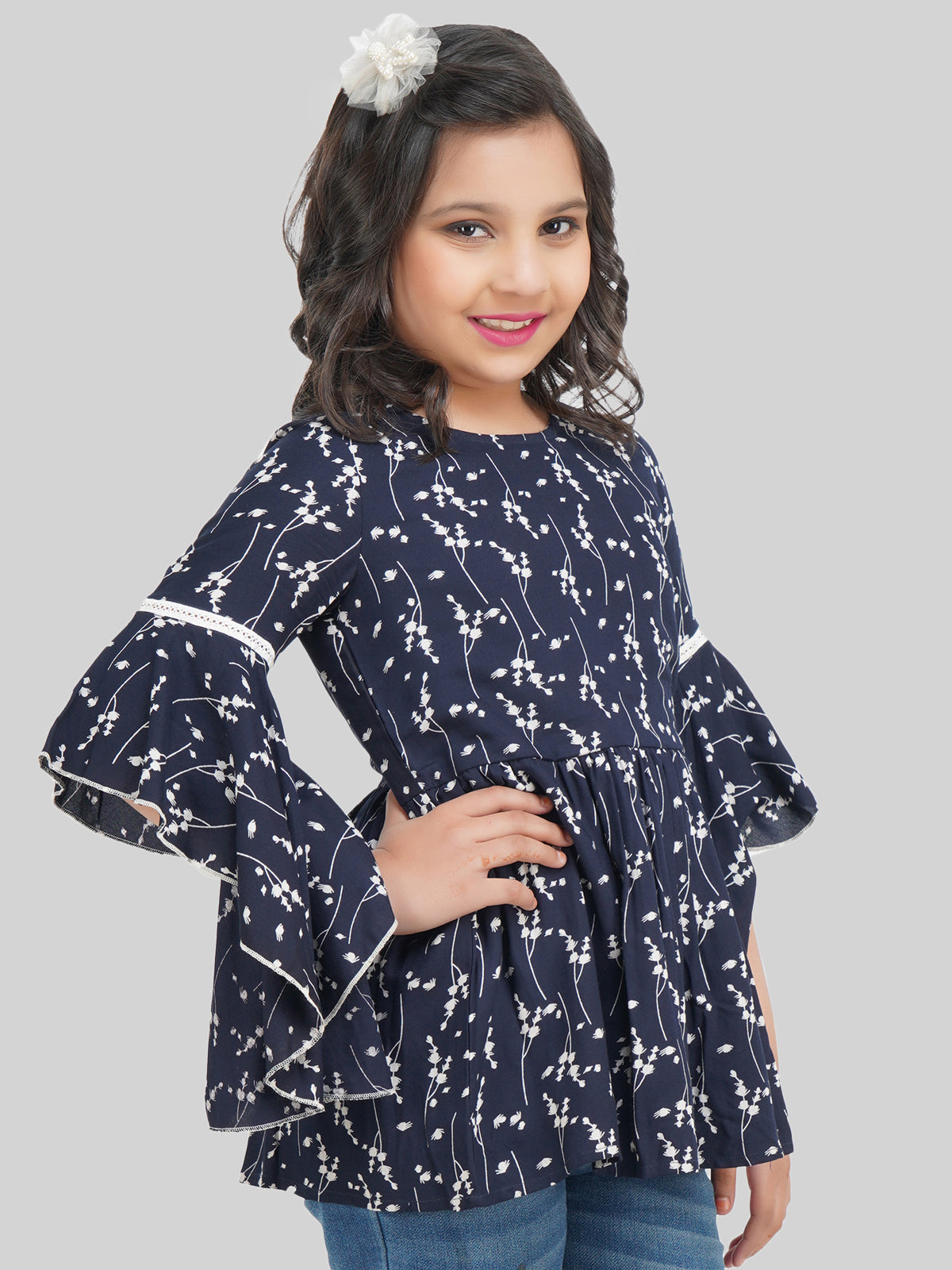 Being Naughty Girls Floral Printed Bell Sleeve Blouson Top