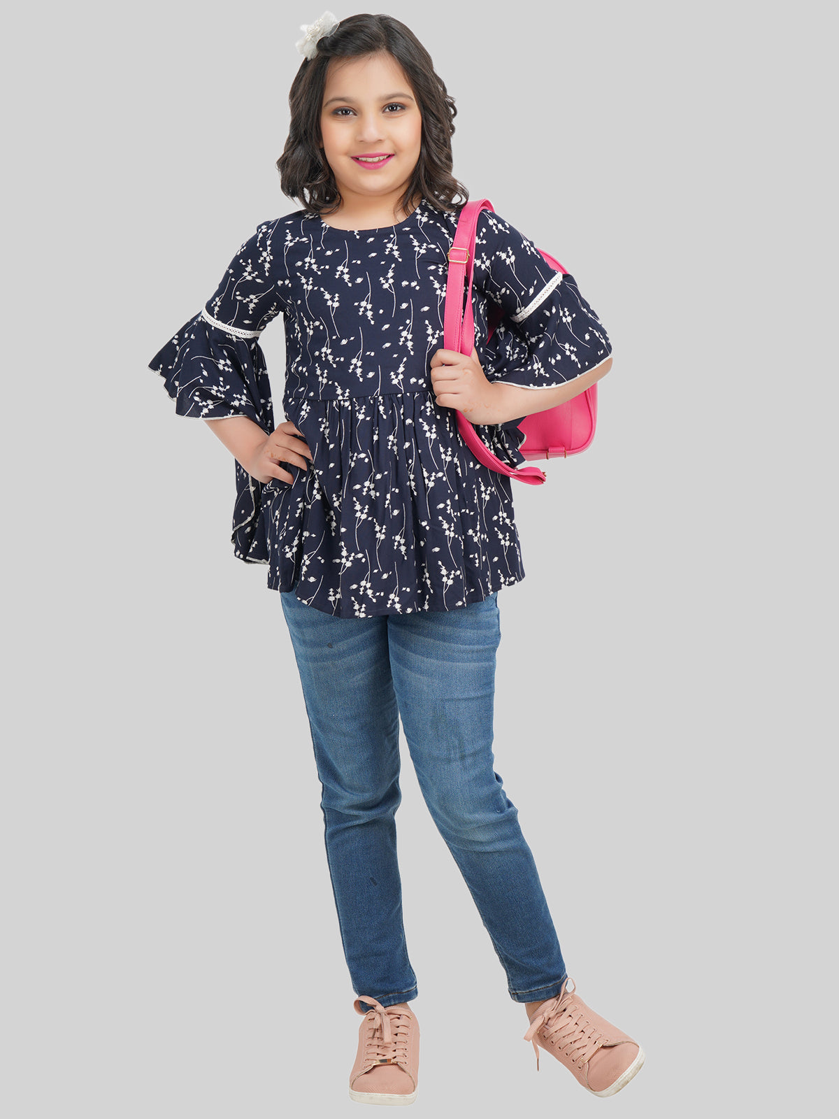 Being Naughty Girls Floral Printed Bell Sleeve Blouson Top