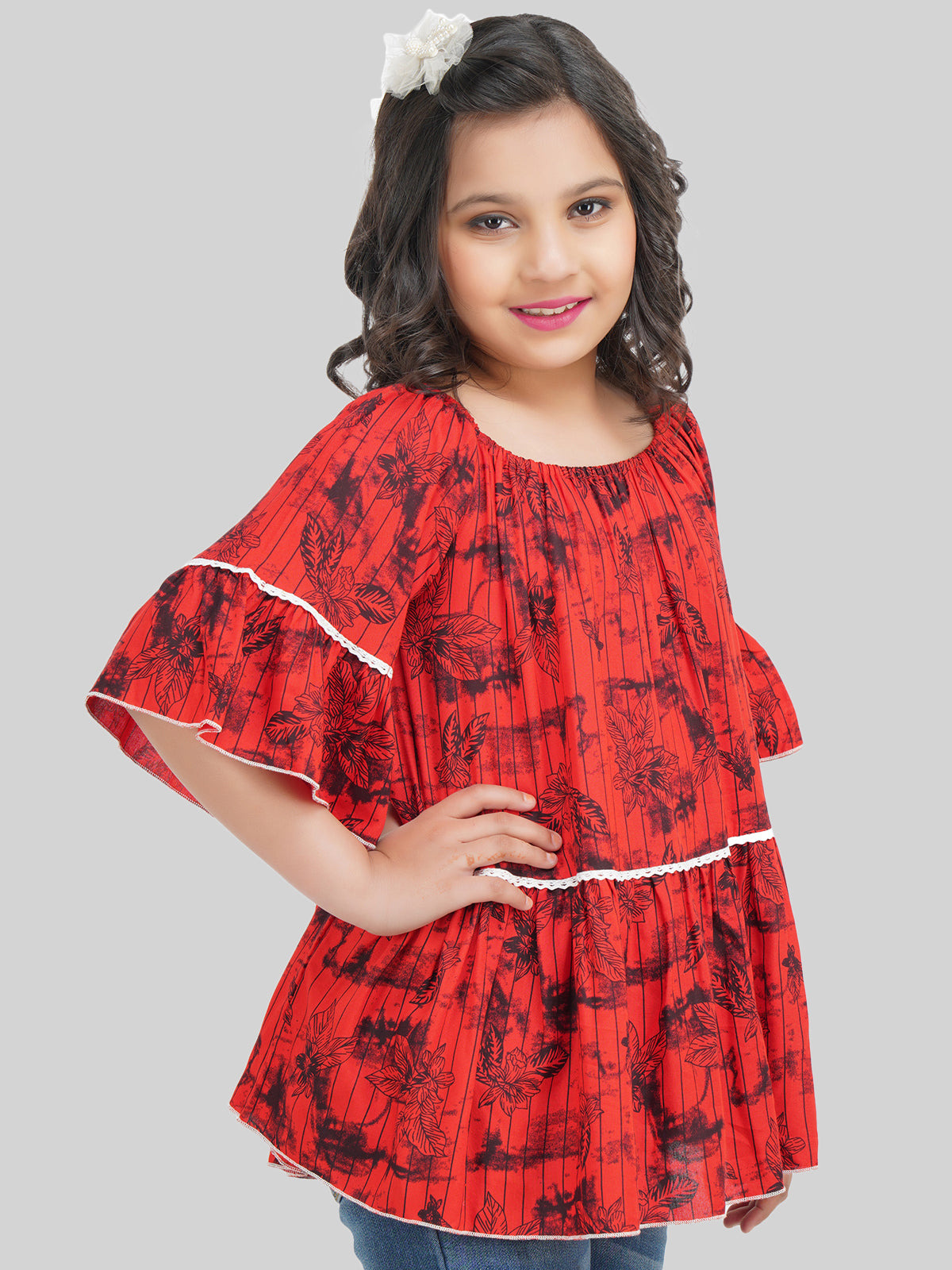 Girls Floral Printed Bell Sleeve A-Line Top
