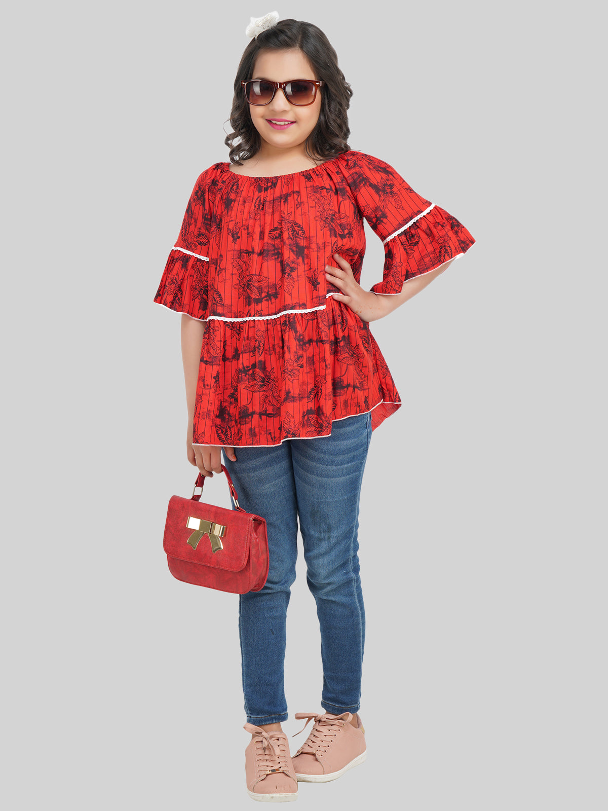 Girls Floral Printed Bell Sleeve A-Line Top