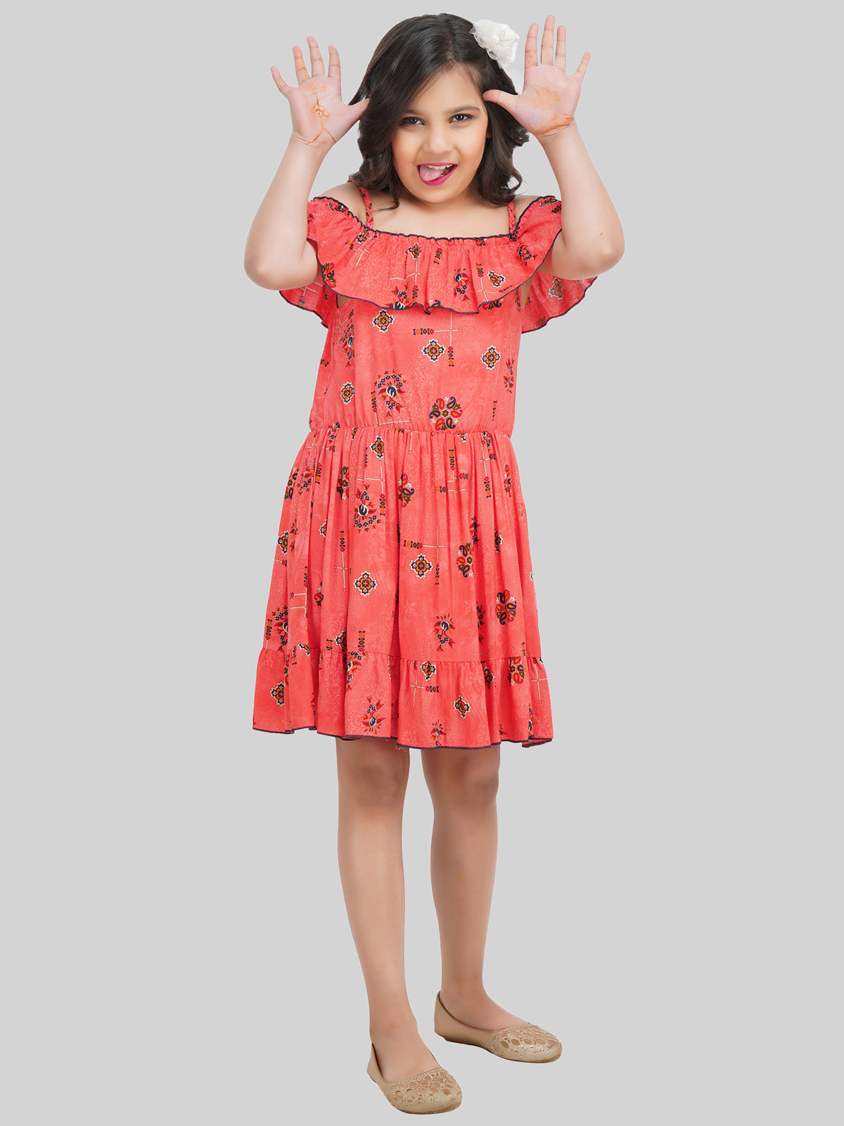 Girls Floral Printed Off-Shoulder Fit & Flare Dress