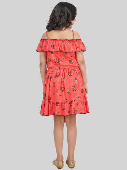 Girls Floral Printed Off-Shoulder Fit & Flare Dress