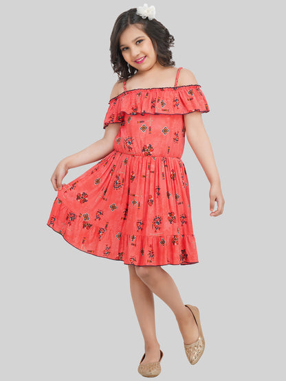 Girls Floral Printed Off-Shoulder Fit & Flare Dress