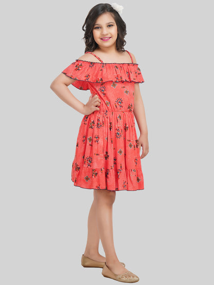 Girls Floral Printed Off-Shoulder Fit & Flare Dress