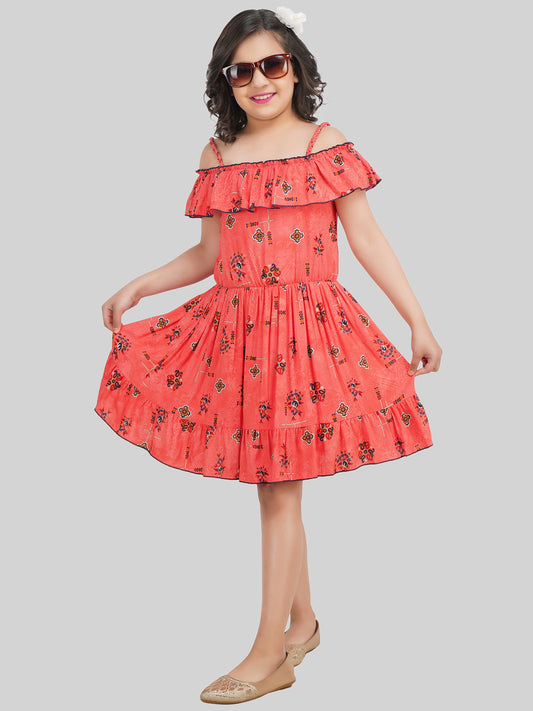 Girls Floral Printed Off-Shoulder Fit & Flare Dress