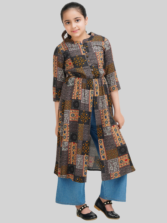 Girls Ethnic Motif Printed Fit & Flare Midi Dress