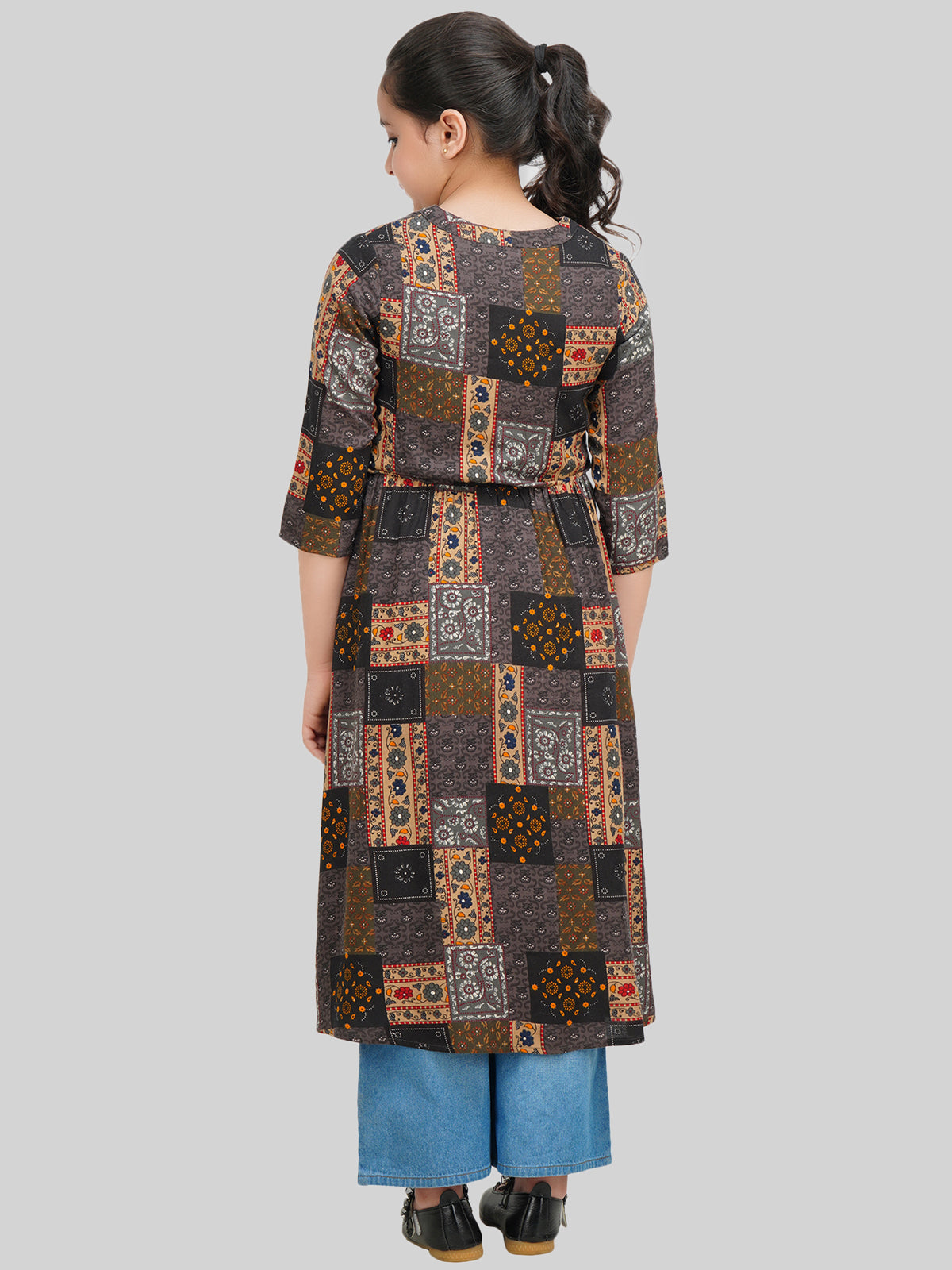 Girls Ethnic Motif Printed Fit & Flare Midi Dress