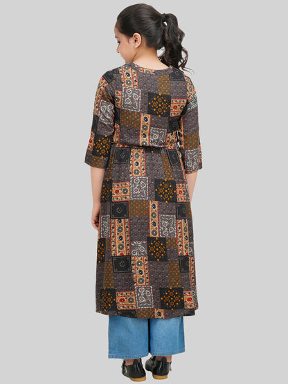Girls Ethnic Motif Printed Fit & Flare Midi Dress