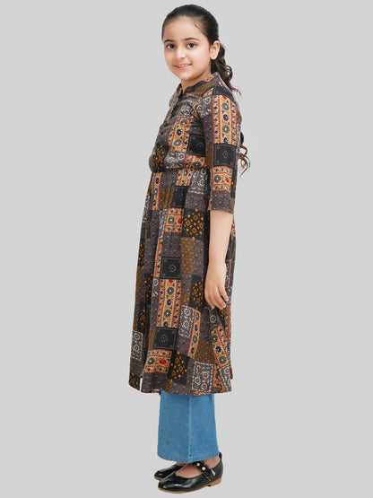 Girls Ethnic Motif Printed Fit & Flare Midi Dress