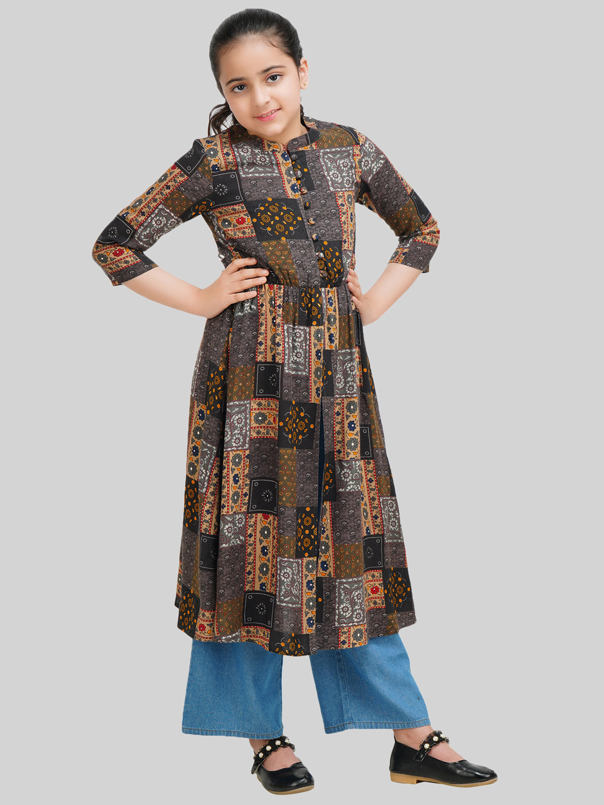 Girls Ethnic Motif Printed Fit & Flare Midi Dress