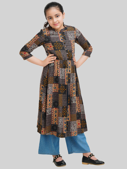 Girls Ethnic Motif Printed Fit & Flare Midi Dress