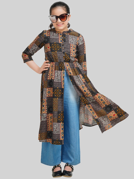 Girls Ethnic Motif Printed Fit & Flare Midi Dress