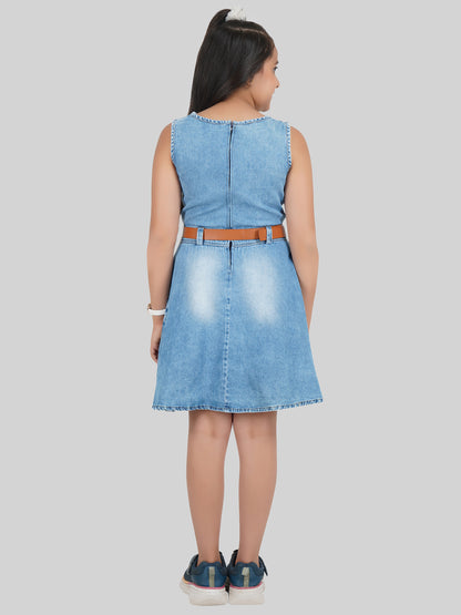 Girls Floral Embroidered Denim A-Line Dress