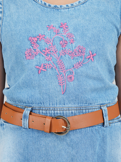 Girls Floral Embroidered Denim A-Line Dress