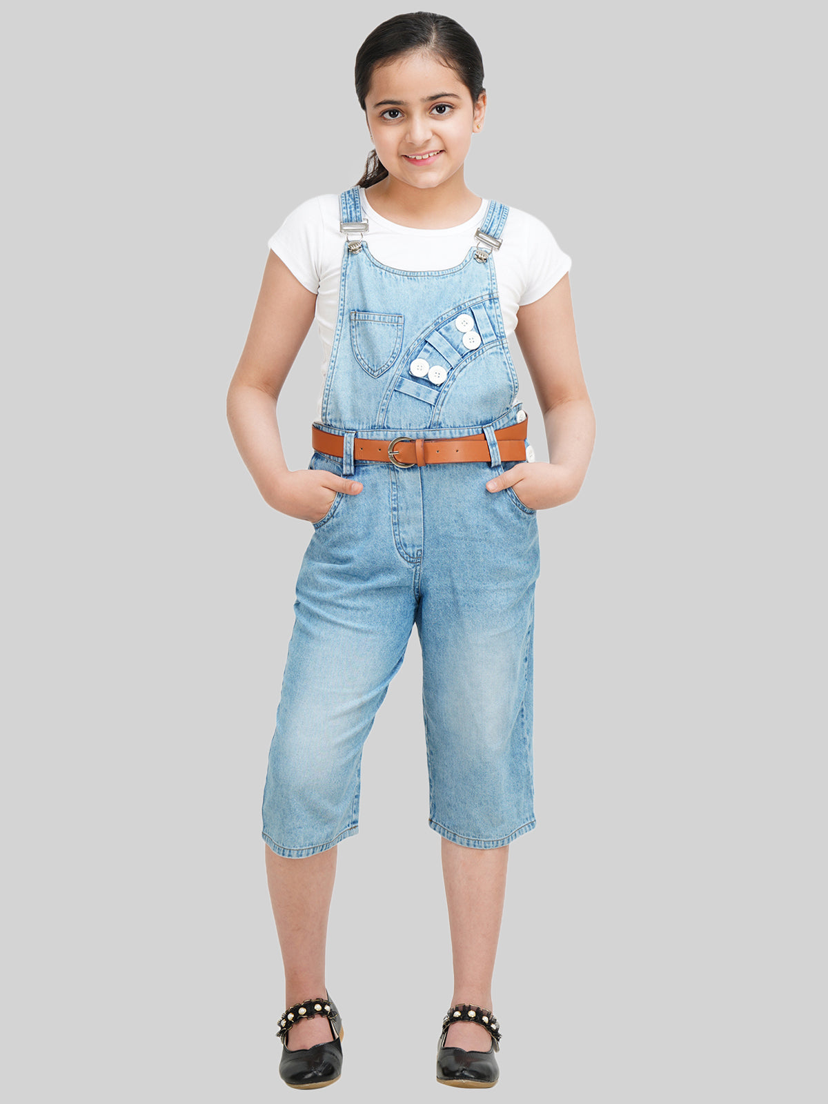 Girls Pure Cotton Denim Dungaree with Top