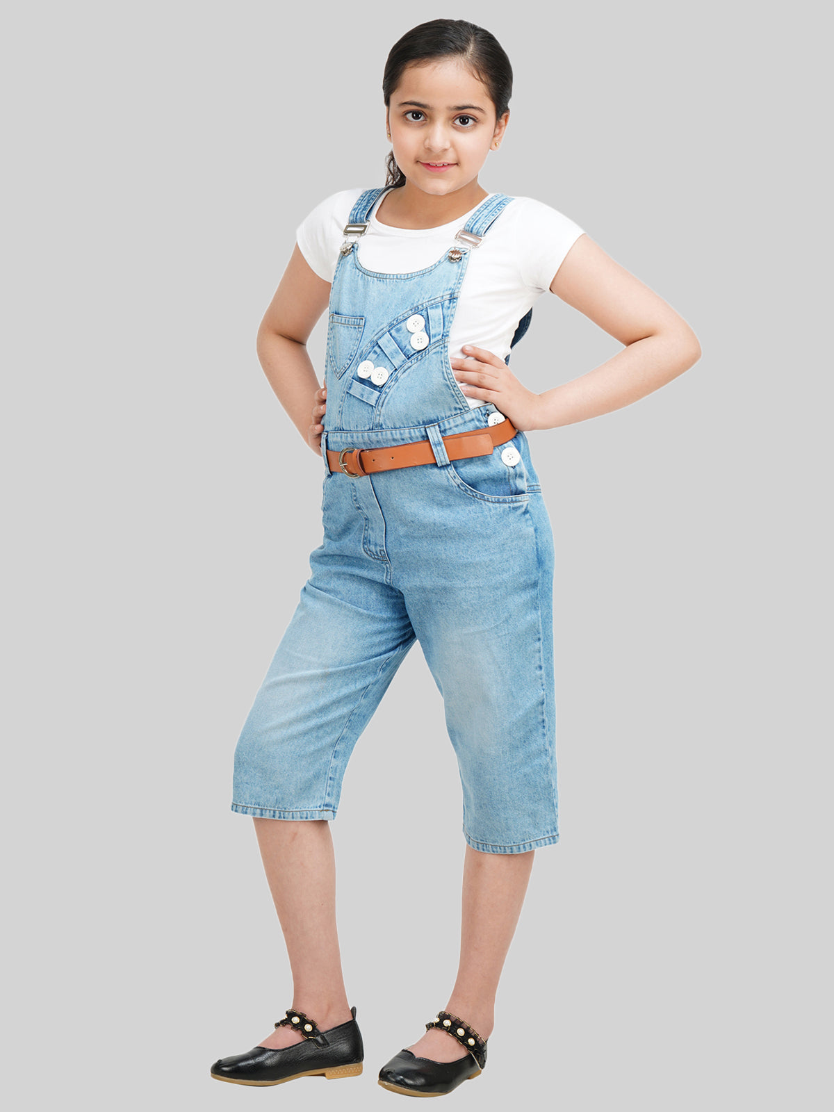 Girls Pure Cotton Denim Dungaree with Top