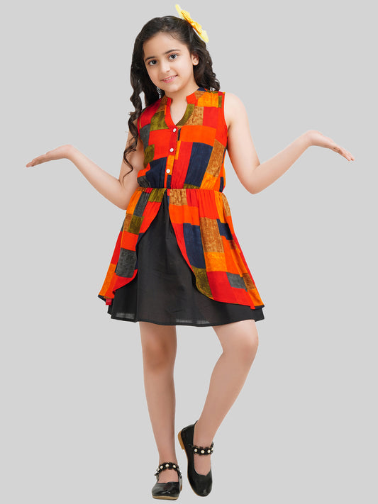 Girls Colourblocked Printed A-Line Dress