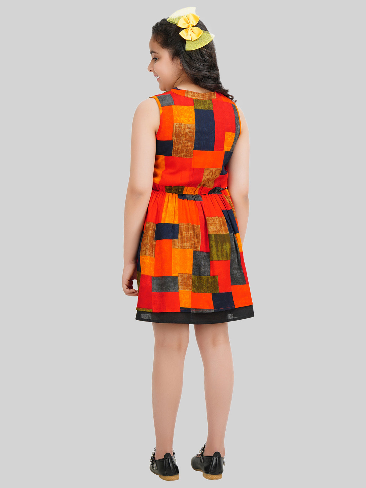 Girls Colourblocked Printed A-Line Dress