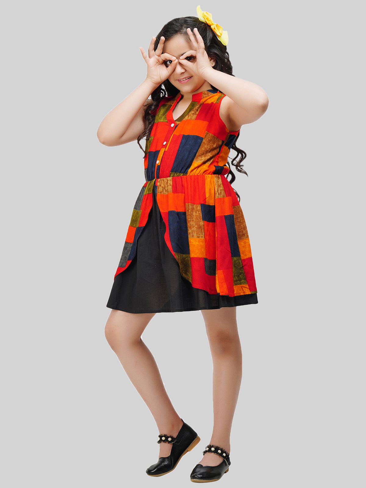 Girls Colourblocked Printed A-Line Dress
