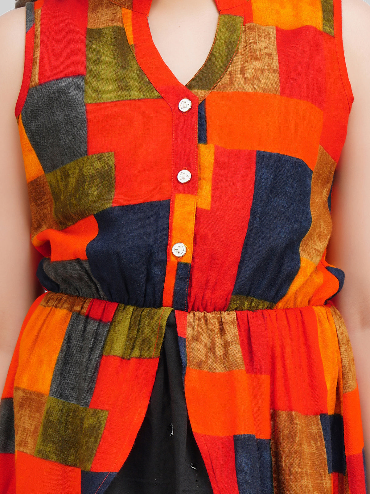 Girls Colourblocked Printed A-Line Dress