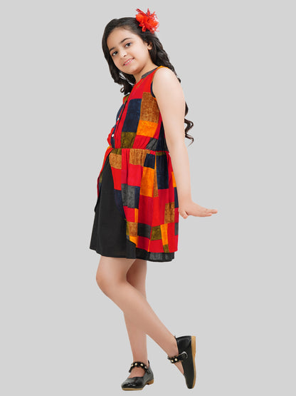 Girls Colourblocked Printed Fit & Flare Dress
