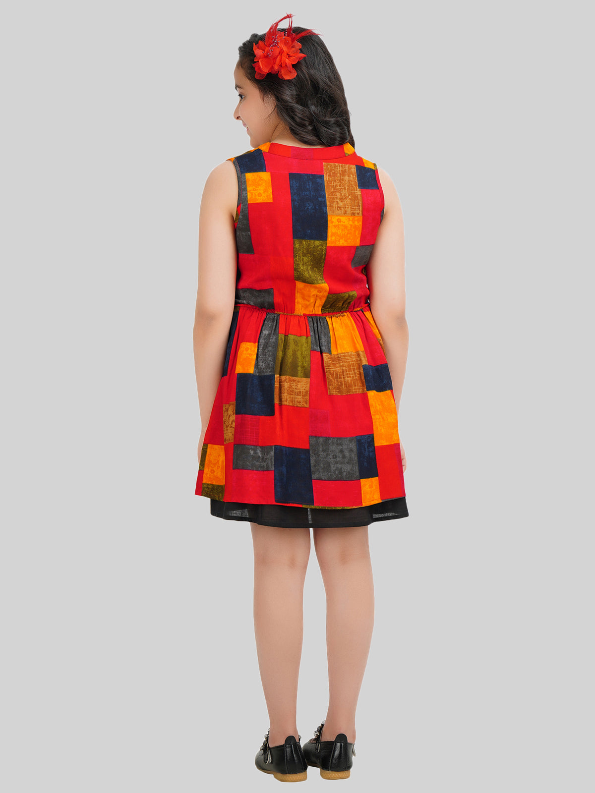 Girls Colourblocked Printed Fit & Flare Dress