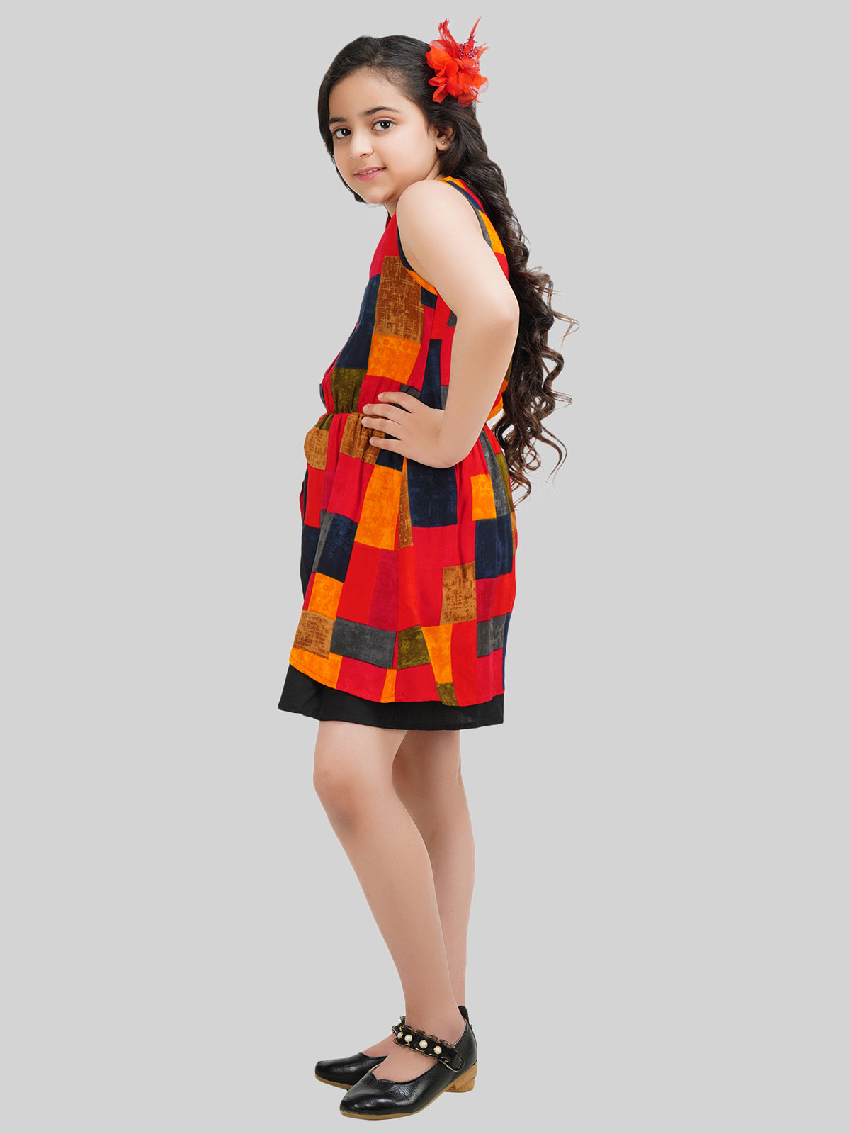 Girls Colourblocked Printed Fit & Flare Dress