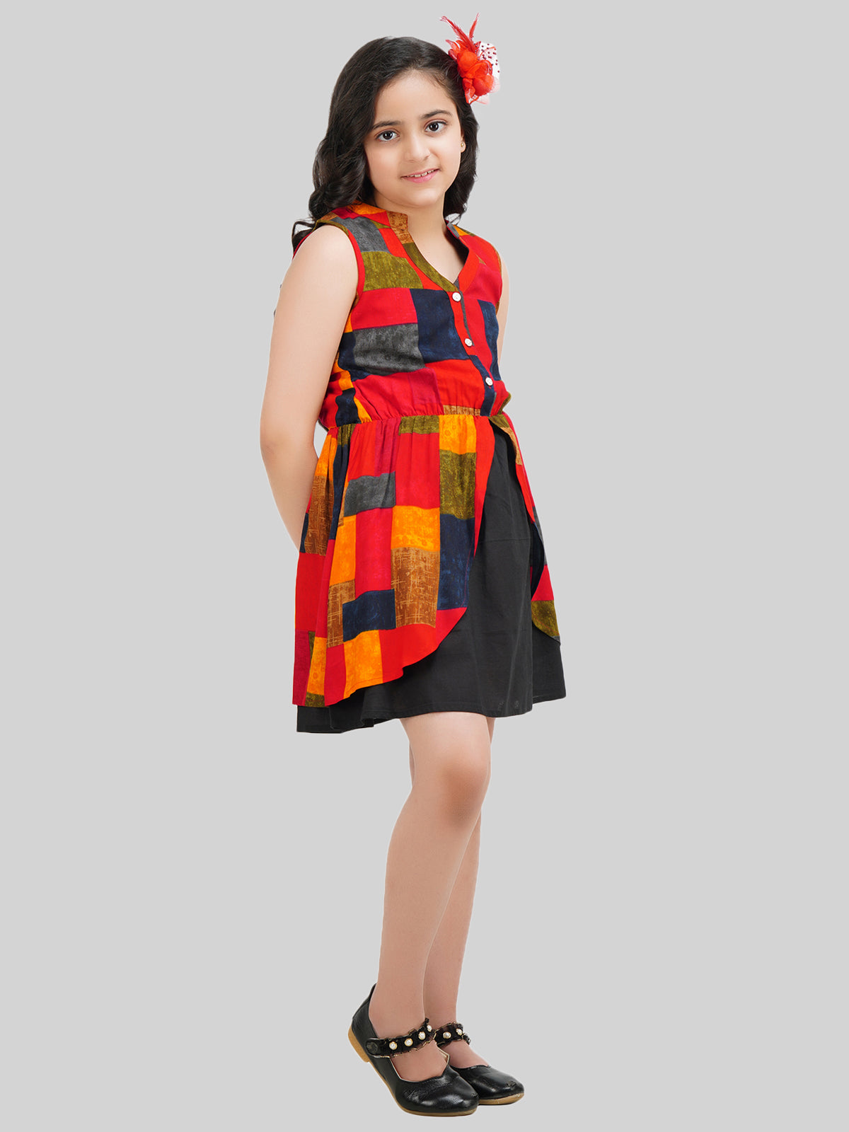Girls Colourblocked Printed Fit & Flare Dress