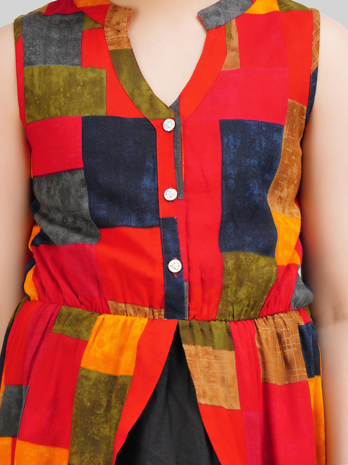 Girls Colourblocked Printed Fit & Flare Dress