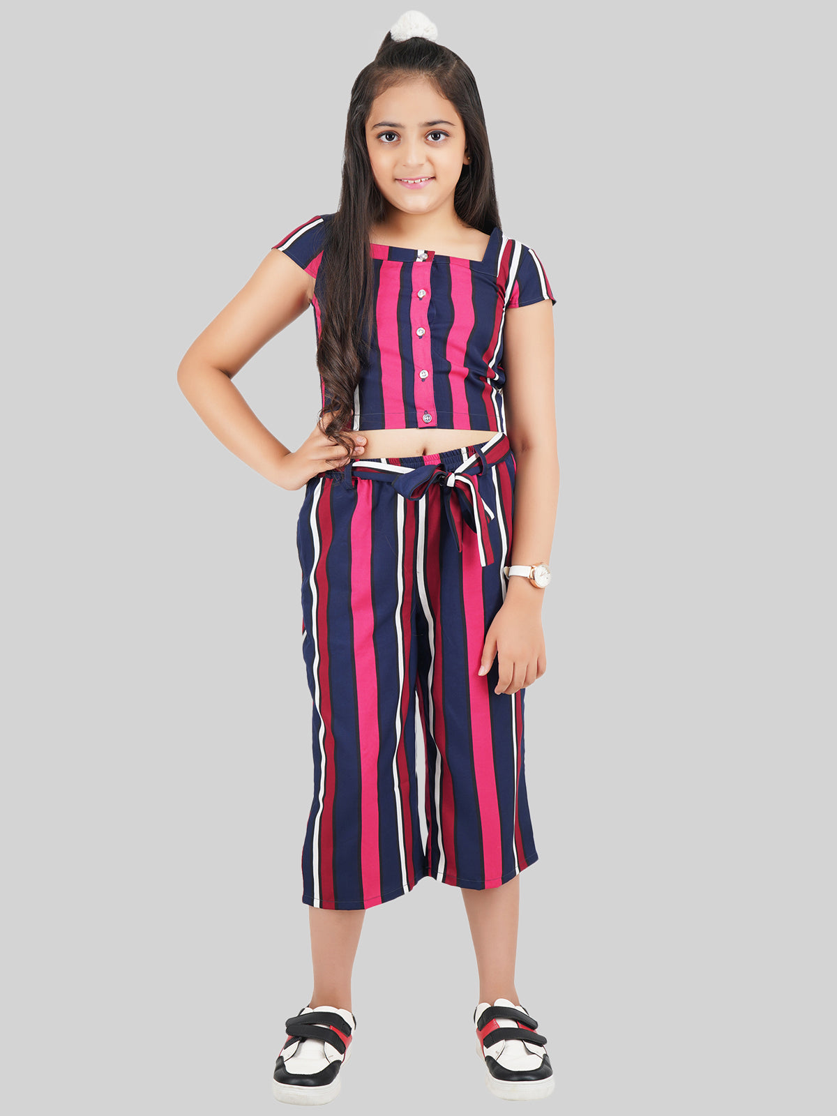Girls Striped Square Neck Top & Trousers Co-Ord Set