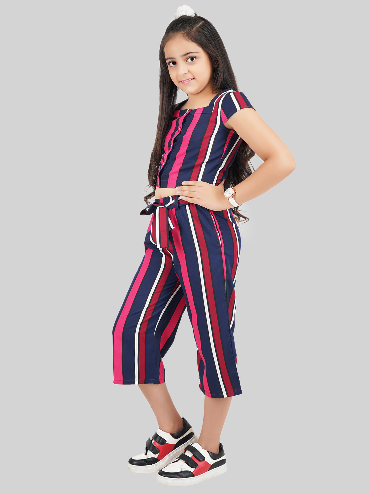 Girls Striped Square Neck Top & Trousers Co-Ord Set