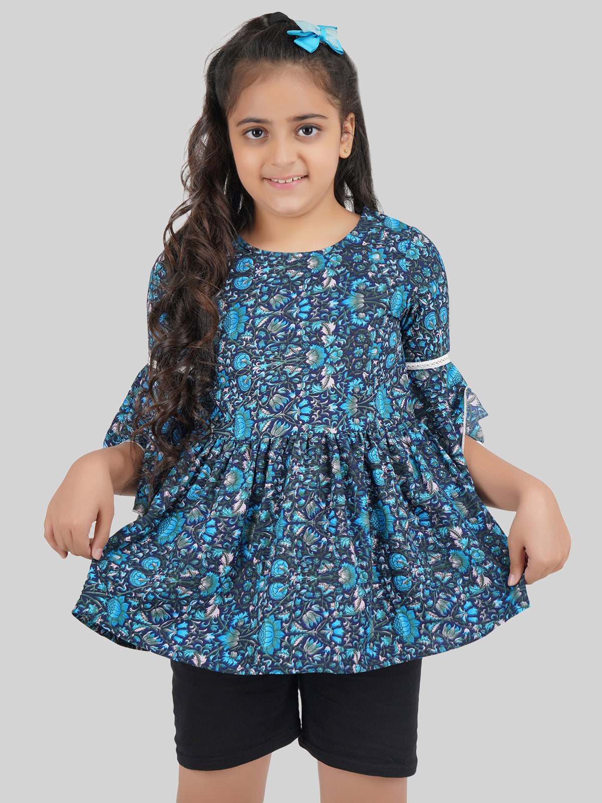 Girls Floral Printed Bell Sleeve Peplum Top